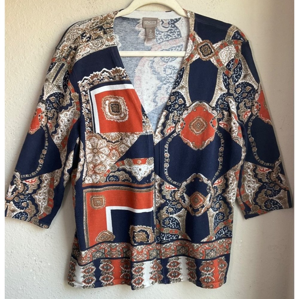 Chico's Sz.12/Large Cardigan Sweater Lightweight Medallion Equestrian Bo…